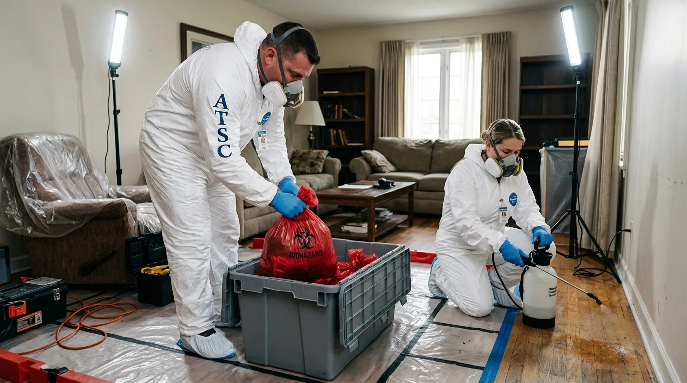 Professional Hazmat Cleanup technician in full PPE working in Brentwood